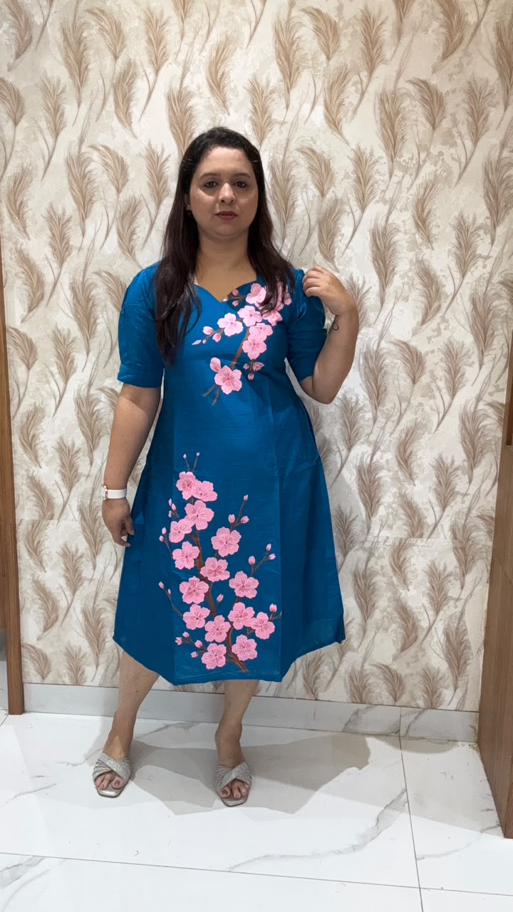 Blue Hand Painted Dress with pink white flowers