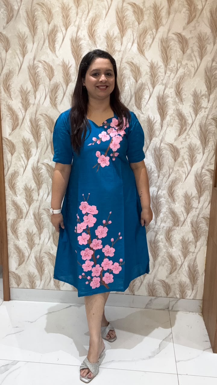 Blue Hand Painted Dress with pink white flowers
