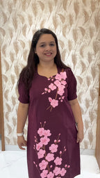 Magenta Hand Painted Dress with pink flowers