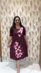 Magenta Hand Painted Dress with pink flowers