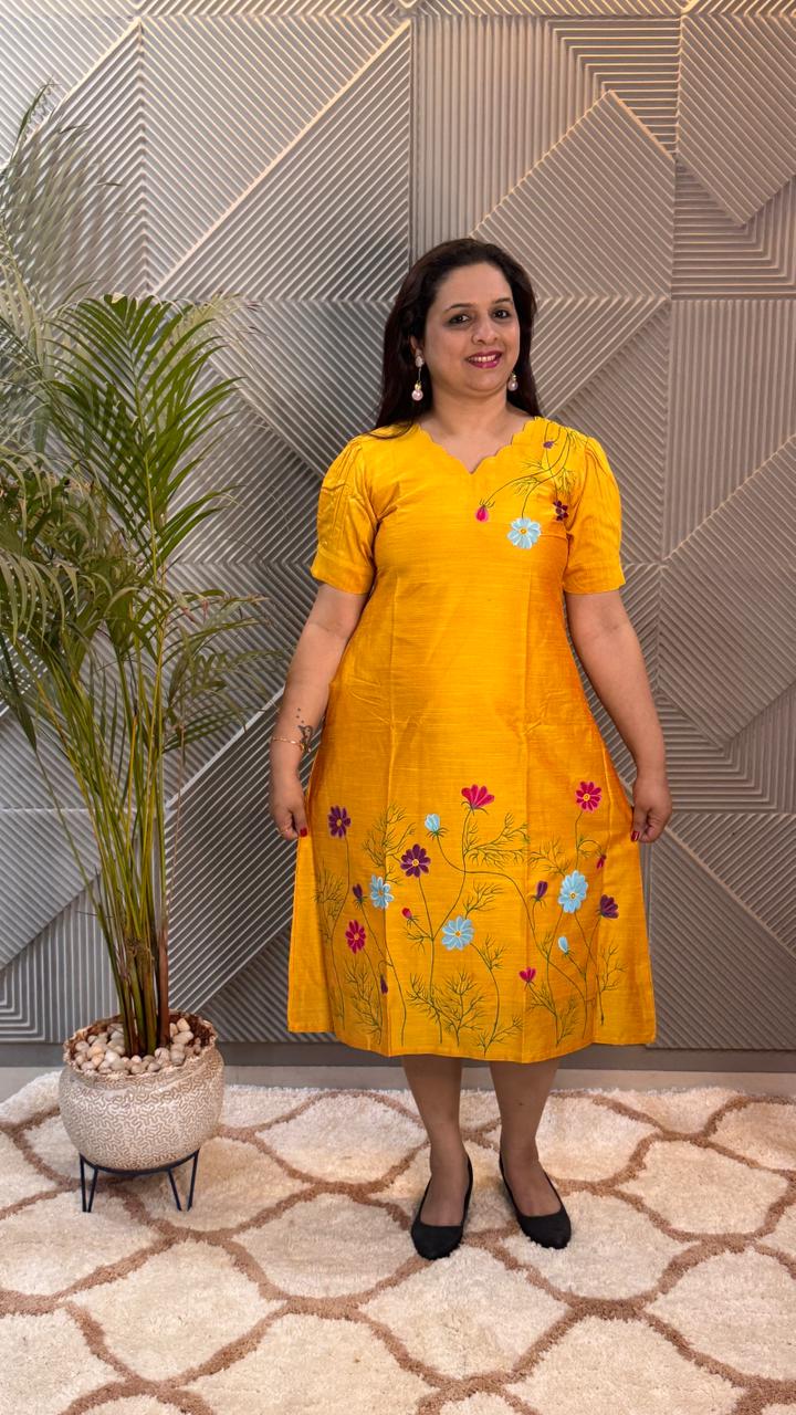 Mustard Yellow Hand Painted Dress