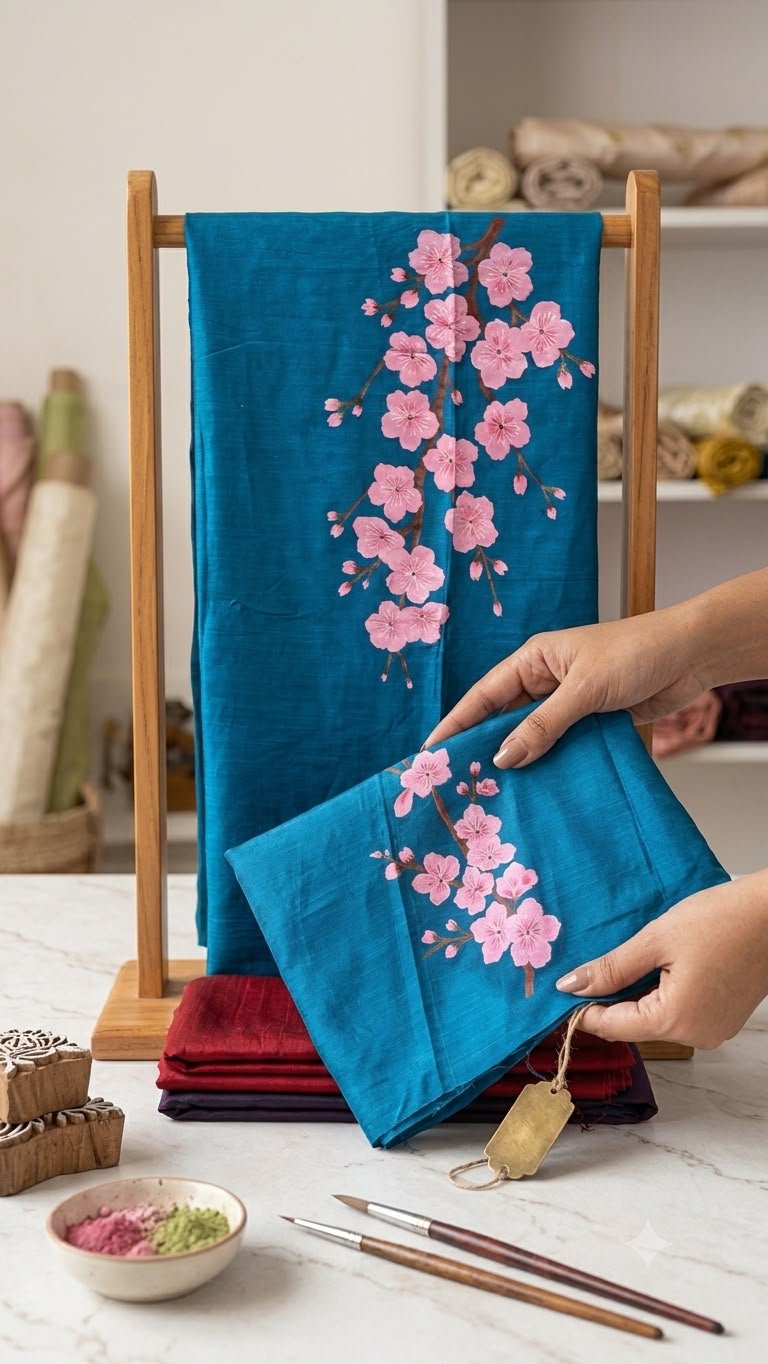 Blue Hand-Painted Cotton Silk Kurti Material