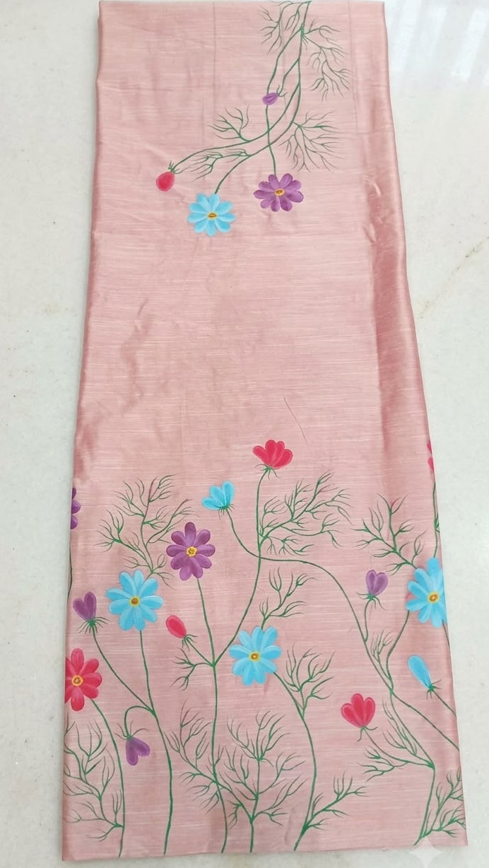 Peach Hand-Painted Cotton Silk Kurti Material