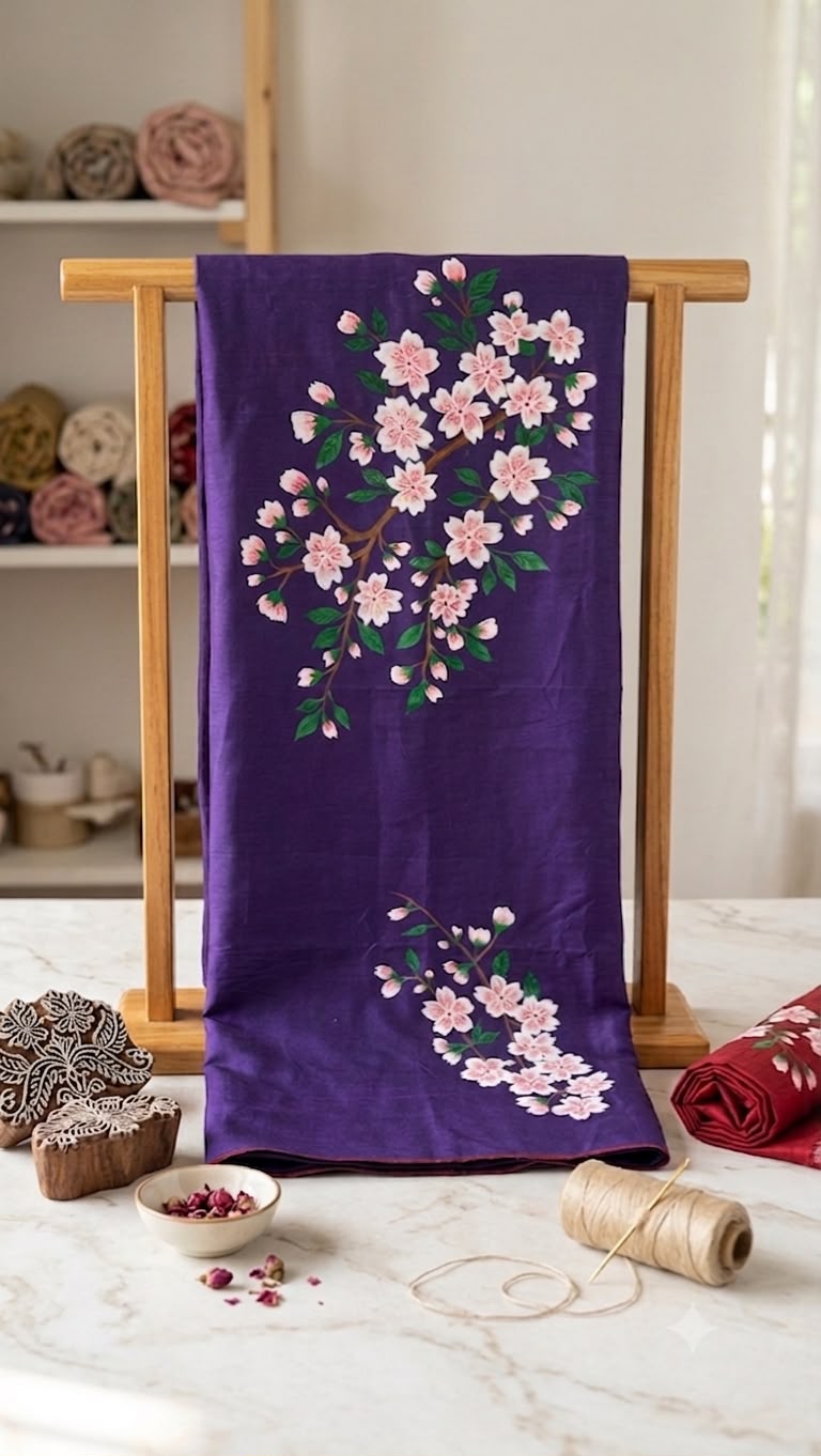 Purple Hand-Painted Cotton Silk Kurti Material