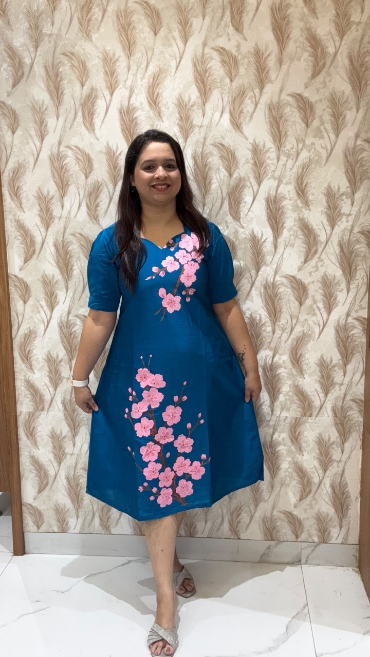 Blue Hand Painted Dress with pink white flowers