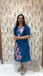 Blue Hand Painted Dress with pink white flowers