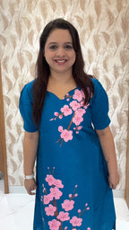 Blue Hand Painted Dress with pink white flowers